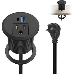 XBA 2inch Desktop Power Grommet Recessed Power Strip with PD 20W USB C,AC Outlet and 18W USB A Charging Port, Hidden Power Outlets with 6FT Extension Cords for Office, Home(Black)