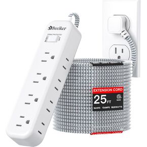 Flat Plug Extension Cord 25 ft, Beeiker Surge Protector Power Strip with 8 Outlets and Overload Protection, Wall Mount Extension Cord with Multiple Outlets for Home Office Dorm Room 13A 1625W 980J ETL
