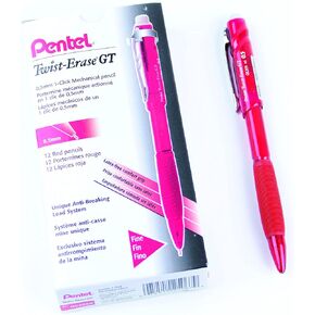 Pentel Twist-Erase GT, 0.5mm, Mechanical Pencil Transparent Burgundy barrel, Box of 12 (QE205B)