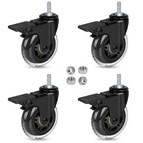Hirate 3" Swivel Caster 5/16"-18UNC Threaded Stem with Brake Set of 4 Lockable Casters for Furniture Industrial Trolley Carts(Include Hex Nuts)