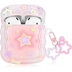 Cute Airpod Case Kawaii Star Pattern Design,with Small Bell Star Keychain Soft Protective Cover Compatiable with Airpods 2nd & 1st Generation Case