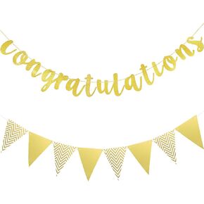 Boao 2 Pieces 2024 Gold Congratulations Graduation Banner Triangle Flag Banner Vintage Glitter Congratulations Banner Pennant for Wedding Baby Shower Ceremony Retirement Party Supplies