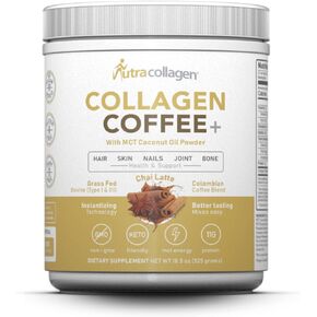 Collagen Peptide Powder with Premium Columbian Coffee; Grass-Fed; Keto Friendly, MCT Coconut Oil Powder, Soy Free, Gluten Free, Sugar Free, 40mg Caffeine/SVG; Chai Latte 25 Servings