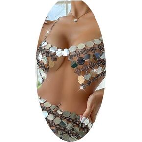 Sequins Body Chain Beach Bra Chain Bikini Nightclub Chain Silver Bra Top Sexy Chest Chain Rave Party Body Accessory for Women and Girls (Silver-13)