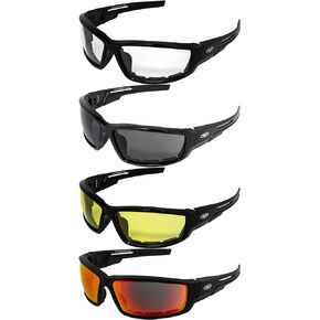 Global Vision 4 Pairs of Sly Padded Motorcycle Riding Sunglasses Black Frames with Clear, Smoke, Yellow & Red Mirror Lenses