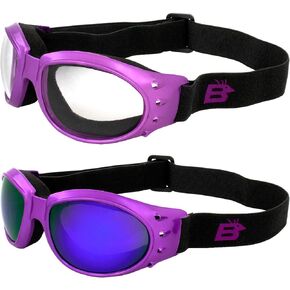Birdz 2 Pairs of Eyewear Eagle Women's Purple Airy Foam Padded Motorcycle Goggles with Clear & ReflecTech Purple Mirror Lenses