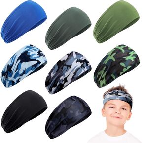 Zhanmai 8 Pieces Boys Headbands Athletic Sweatbands Kids Sports Wicking Headbands Breathable Headbands Elastic Sweat Headband Girls Boys for Football Basketball Running Exercise