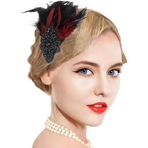 Gangel 1920s Flapper Headband Great Feather Hair Clip Roaring 20s Headpiece Vintage Flower Hairband Harlem Nights Prom Headbands for Women (black)