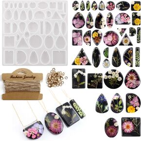 Szecl 38 Cavities Jewelry Pendant Resin Molds Chain Set Silicone Pendant Mold with Hole DIY Cabochon Gem Round, Tear Drop Shape Necklace, Earring, Keychain Charm Epoxy Casting Mold Jewelry Making Tool