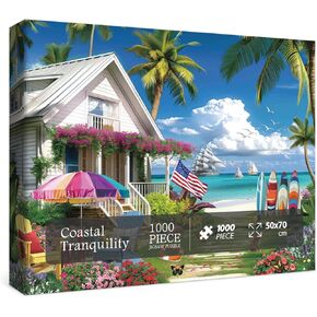 Beach House Puzzles Summer Puzzle 1000 Piece for Adults, Seaside Retreat Jigsaw Puzzles Ocean Puzzles, Seashore House Puzzle Challenging Jigsaw Puzzles As Home Decor