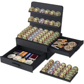 Challenge Coin Display Holder Stand Holds 100 Coins, Military Army Police Medal Medallion Collectors Gifts, 10 Row Wooden Shelf Rack with 2 Drawers & Removable Board for Cabinet Table