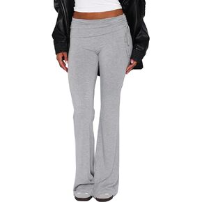 Tsher Women's Foldover Flare Pants Mid-Waisted Stretch Casual Lounge Flare Leggings