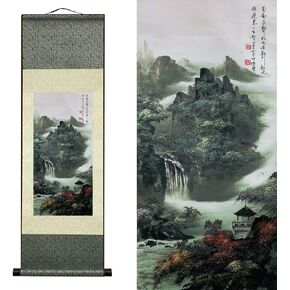 FOVNOT Chinese Landscape Painting Decor, Asian Decor for Home Beautiful Silk Scroll Painting Chinese Vertical Wall Art Oriental Wall Arat Hanging Paintings for Living Room Bedroom