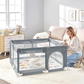 Baby Playpen with Mat, 50x50 Inch Playpens for Babies and Toddlers, Foldable Playpen with Carrying Bag, Play Yard for Indoor and Outdoor with Visible Mesh(Beige Nature)