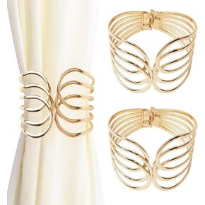 Curtain Tie Backs, 2Pcs Metal Golden Creative Curtain Rope Buckles Decorative Curtain Tiebacks Spring Drape Holder Clip for Home Office Decor (Line Design)