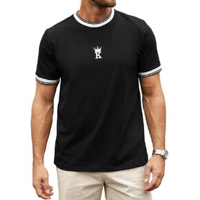 Hardaddy Men's Casual Letter Graphic Print Striped Trim Tee Tops Summer Short Sleeve Round Neck T-Shirt