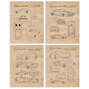 Vintage Stingray Car Patent Prints, 4 (8x10) Unframed Photos, Wall Art Decor Gifts for Home Corvette Office Work Gears Garage Shop School College Engineer Student Teacher Coach Team Racing Fans