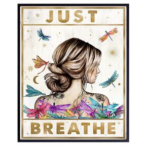 Just Breathe Boho Wall Art for Women - Shabby chic Inspirational quote Wall Decor - Home Office Living room Bedroom Kitchen Farmhouse Style Boho-chic Wall Decor - Motivational poster - positive Quotes