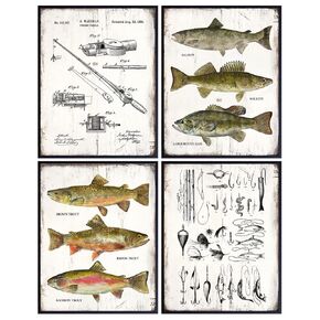 LARGE 11x14 - Fishing Accessories Gifts - Rod, Reel, Lures Patent Print Set - Lake Mountain House Decor for the Home - Rustic Bass, Trout, Freshwater Fish Wall Art - Room Decoration Poster - Fishermen