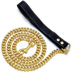 Gold Dog Chain Leash Width 12MM Gold Stainless Steel Cuban Link Dog Leash with Leather Handle for Dogs Collar Chains(3ft)
