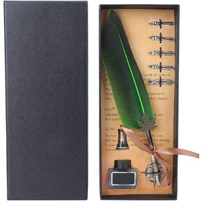 Vintage Feather Quill Pen Set Retro Quill Feather Writing Pen with 5 x Replacement Nib for Gift (Green)