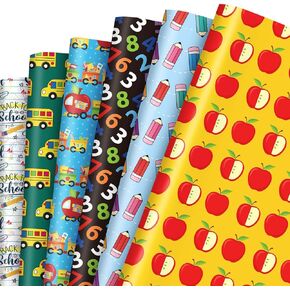 JarThenaAMCS 12 Sheets Back to School Wrapping Paper - Not Roll - Bus Apple Pencil Gift Wrap Paper Folded Flat 6 Designs DIY Craft Art Paper for First Day of School Classroom Party Supplies
