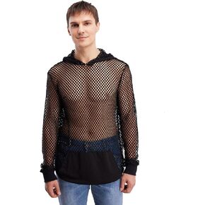 Milumia Men's Fishnet Sheer Mesh Long Sleeve Hoodie Pocket Front Hooded Sweatshirt Clubwear