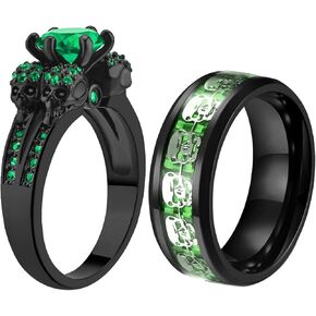 Couple Rings Matching Ring Skull Rings Green CZ Womens Wedding Ring Sets for Him and Her Wedding Bands