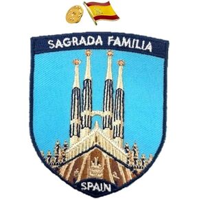 A-ONE 2 PCS Pack- Sagrada Familia Applique+Spain Flag Lapel Pin, Barcelona Landmark, Gaudi Designed, World Heritage, Tourist Spot Souvenir, Creative Decoration for Clothes Backpacks Laptop NO.252P