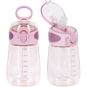 Water Bottle with Straw BPA Free Lightweight 14oz Water Drinking Bottle for Toddlers with Handle Wide Mouth Leak-Proof Cute Straw Bottle for Boys, Girls,Adults (Blue)