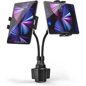 Dual Cup Holder Tablet Car Mount for 4.7"-12.9" Phone & iPad - Gooseneck Double Tablet Mount for Car, Cup Car Tablet Holder Stand Compatible with iPad Pro/Air/Mini, Galaxy Tabs, iPhone, Tablets