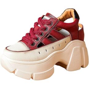 Women's Leather Hollow Breathable Platform Casual Sneakers,Lace Up Non-Slip Shock Absorbing Heighten Chunky Summer Sneakers