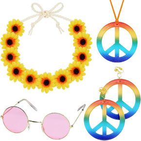 Xplanet 4 Pieces Hippie Costume Set, 60s 70s Hippie Party Accessories for Women Men, Includes Rainbow Peace Sign Necklace,Flower Crown Headband, Peace Sign Earrings and Hippie Sunglasses