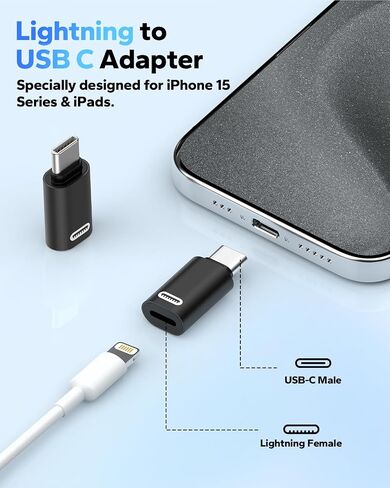 MoKo Lightning Female to USB C Male Adapter 2 Pack, Lightning to USB C Converter for iPhone 15 Series, iPad Pro/Air, iPhone to USB C Adapter for Fast Charging/Data Transfer, NOT for Audio/OTG, Black in Kuwait