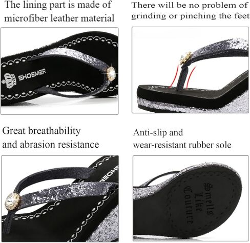 Women's Crystal Sequin Wedge Flip-Flops,Summer Arch Support Beach Slides,Non-Slip Platform Flip Flop Sandals. in Kuwait