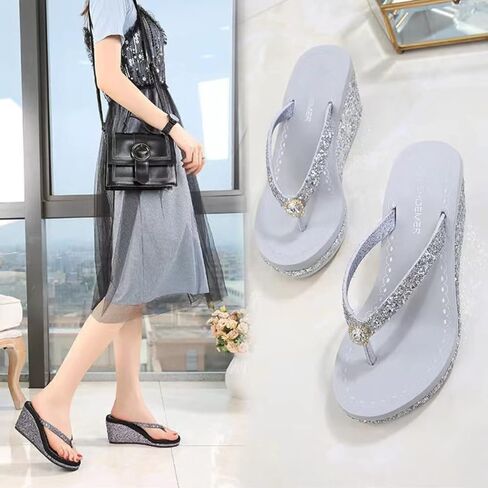 Women's Crystal Sequin Wedge Flip-Flops,Summer Arch Support Beach Slides,Non-Slip Platform Flip Flop Sandals. in Kuwait