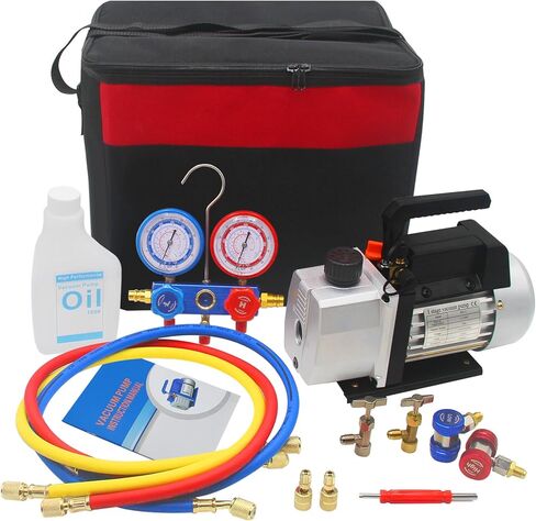 YaeTek 3.5CFM 1/4 HP مضخة تفريغ هواء دوارة أحادية المرحلة HVAC R134a R12 R22 R410a A/C مجموعة قياس متعددة للتبريد مع حقيبة حمل وإكسسوارات in Kuwait