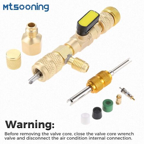 مجموعة متنوعة من مزيل صمامات التدفئة والتهوية وتكييف الهواء (R22 R410A) من Mtsooning، منفذ مزدوج الحجم 1/4 بوصة - 5/16 بوصة، طقم أساسي لصمام التبريد 52 قطعة بما في ذلك حشوات الخراطيم + صمام + نوى الصمام + محول نحاسي R410 R32 in Saudi Arabia