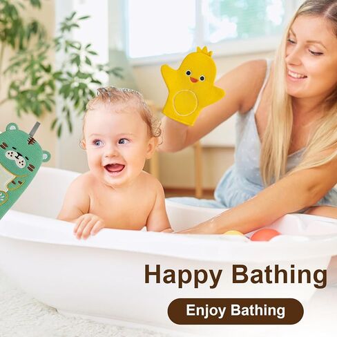 4 قطع من قفازات حمام الأطفال، قفازات تنظيف الجسم للأطفال للاستحمام بشكل حيوان لطيف، قماش غسيل للأطفال، إسفنجة حمام للأطفال والأطفال الصغار والكبار (النمر اللطيف، النسر، البطة، الدجاج) in Kuwait