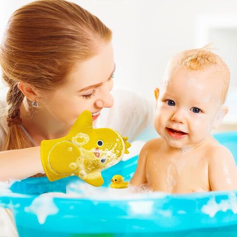 4 قطع من قفازات حمام الأطفال، قفازات تنظيف الجسم للأطفال للاستحمام بشكل حيوان لطيف، قماش غسيل للأطفال، إسفنجة حمام للأطفال والأطفال الصغار والكبار (النمر اللطيف، النسر، البطة، الدجاج) in Kuwait