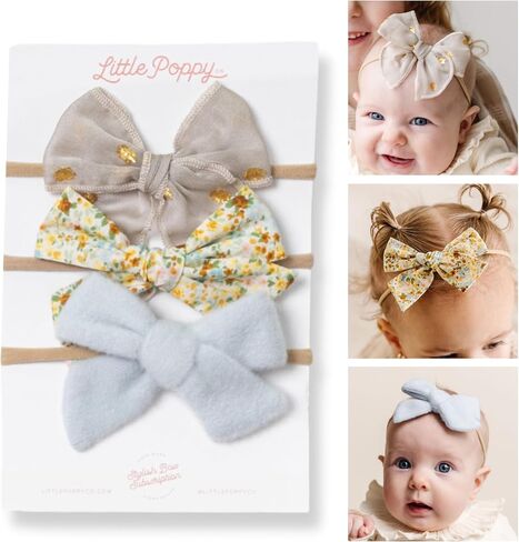 Little Poppy Co. Three Hair Bows Set - Stylish Handmade Accessories for Newborns,Babies and Toddlers | Premium Quality Headbands (The Savannah Set, Original on Nylon Headband (3 Month - 3 Year)) in Kuwait
