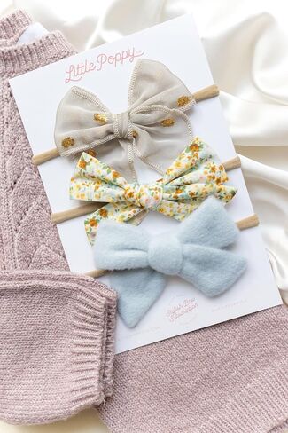 Little Poppy Co. Three Hair Bows Set - Stylish Handmade Accessories for Newborns,Babies and Toddlers | Premium Quality Headbands (The Savannah Set, Original on Nylon Headband (3 Month - 3 Year)) in Kuwait