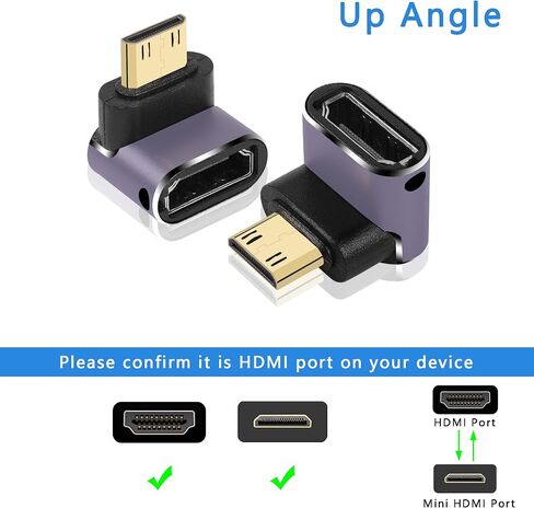 GINTOOYUN 8K Mini HDMI إلى محول HDMI قياسي 2.1 إصدار Mini HDMI ذكر إلى زاوية 90 درجة HDMI أنثى محول تمديد للكاميرا، الكمبيوتر المحمول، الكمبيوتر اللوحي، HDTV، جهاز العرض 2 قطعة (زاوية أعلى) in Saudi Arabia