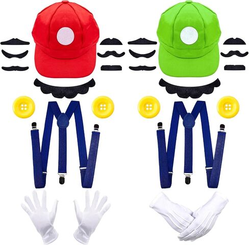 Super Bros Hat Costume Mario Luigi Cap Adults Kids Unisex Plumber Bros Fake Mustaches Gloves Accessory Kit Cosplay Set in Saudi Arabia