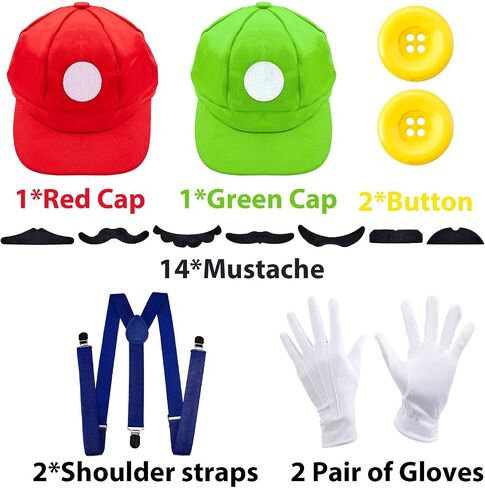 Super Bros Hat Costume Mario Luigi Cap Adults Kids Unisex Plumber Bros Fake Mustaches Gloves Accessory Kit Cosplay Set in Saudi Arabia