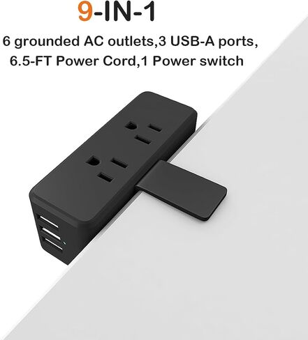 Compact Desk Edge Clamp Power Strip with 6-Outlet,3-USB-A-Port,Fit 2.4" Tabletop Edge,Table Leg.Meeoueoiu Desktop Mount Charging Power Station for Office Home,6.56ft Extension Cord,Black in Saudi Arabia