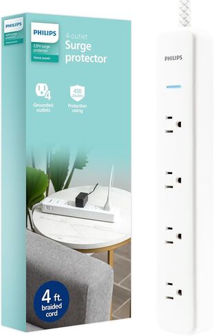 Philips EZFit 8-Outlet Surge Protector Power Strip, 8 Ft Braided Extension Cord, Widely Spaced Outlets, Flat Plug, for Home Office Dorm Essentials, 2160 Joules, Black, SPP3673B/37 in Saudi Arabia