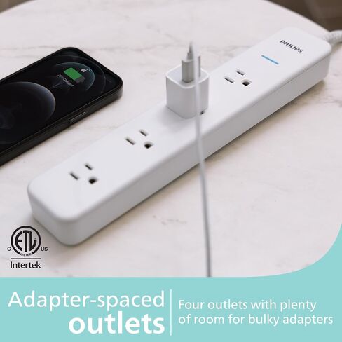 Philips EZFit 8-Outlet Surge Protector Power Strip, 8 Ft Braided Extension Cord, Widely Spaced Outlets, Flat Plug, for Home Office Dorm Essentials, 2160 Joules, Black, SPP3673B/37 in Saudi Arabia