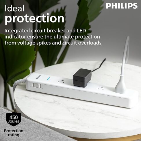 Philips EZFit 8-Outlet Surge Protector Power Strip, 8 Ft Braided Extension Cord, Widely Spaced Outlets, Flat Plug, for Home Office Dorm Essentials, 2160 Joules, Black, SPP3673B/37 in Saudi Arabia