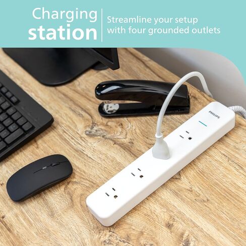 Philips EZFit 8-Outlet Surge Protector Power Strip, 8 Ft Braided Extension Cord, Widely Spaced Outlets, Flat Plug, for Home Office Dorm Essentials, 2160 Joules, Black, SPP3673B/37 in Saudi Arabia